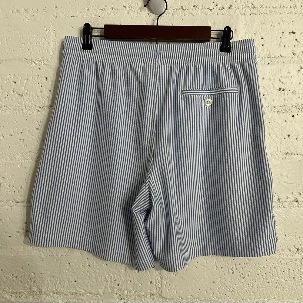 C&C California Shorts M Blue White Stripe Seersucker Stretch Pull On Drawstring - Picture 3 of 4